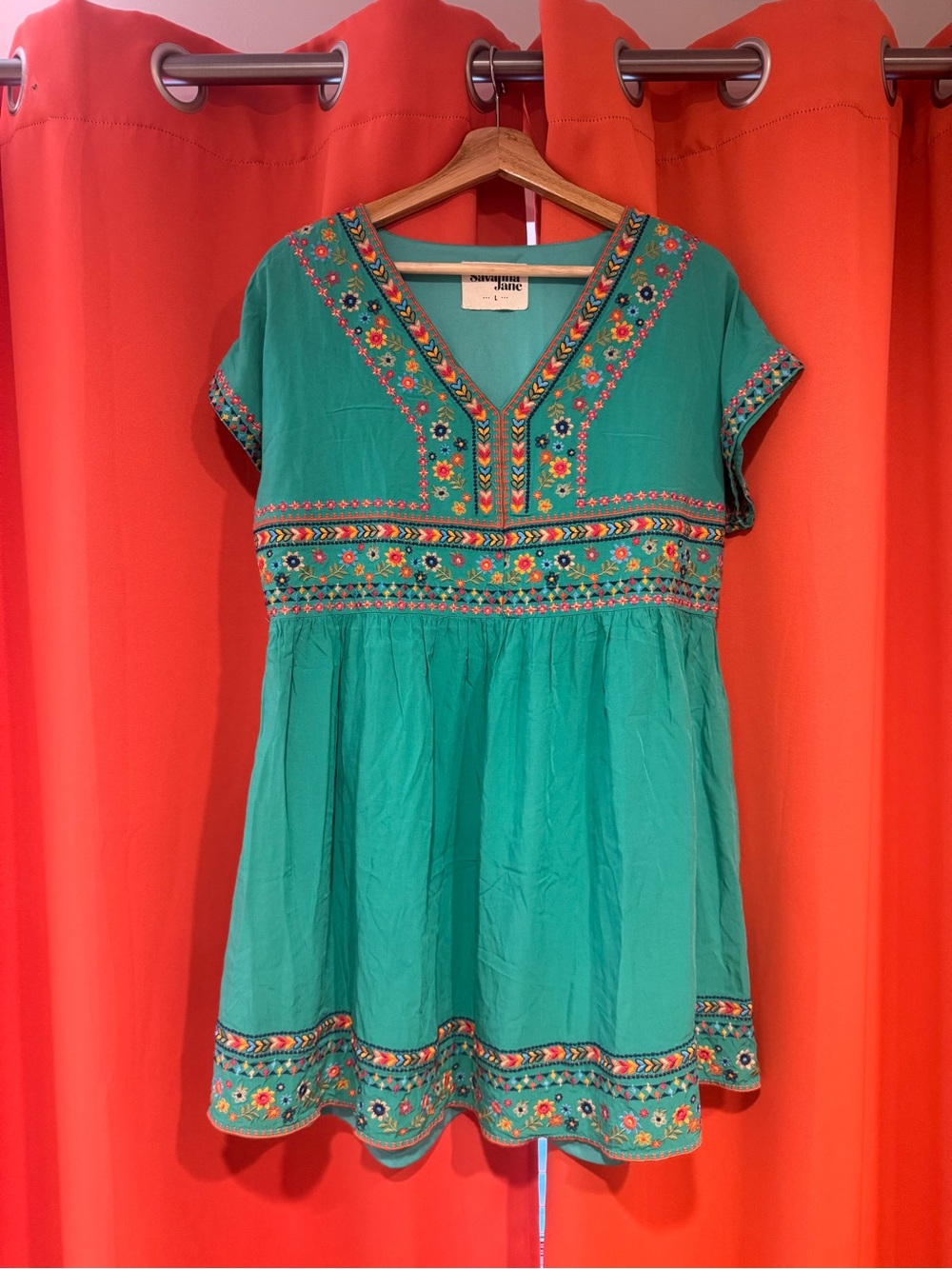 Savanna Jane Teal V-Neck Flutter Sleeve Dress with Colorful Embroidery